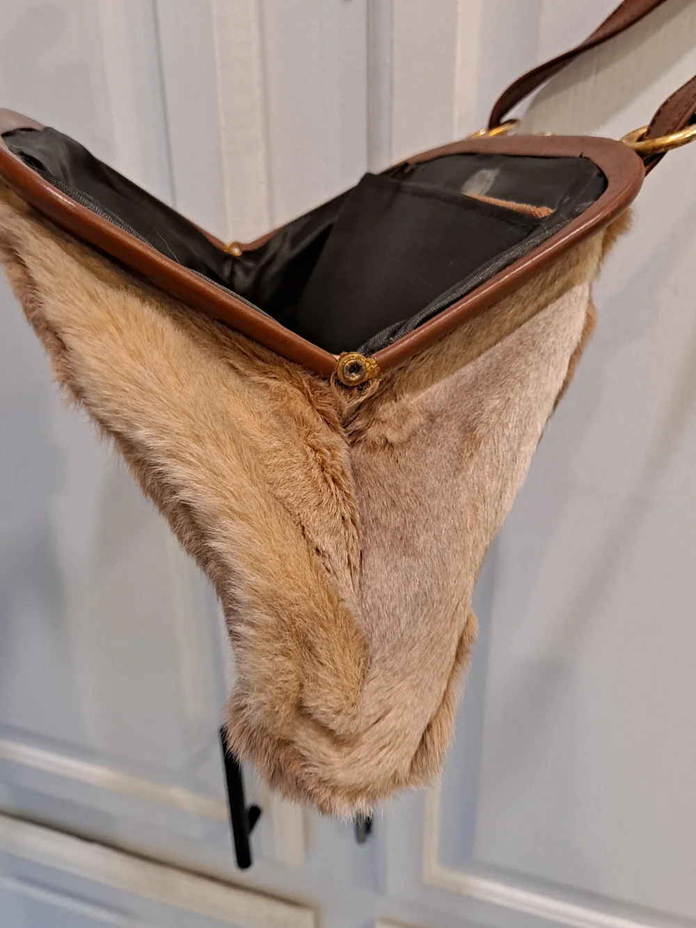 Australian Kangaroo Fur Vintage 70s Handbag Leather Trim Gold Ring Accent